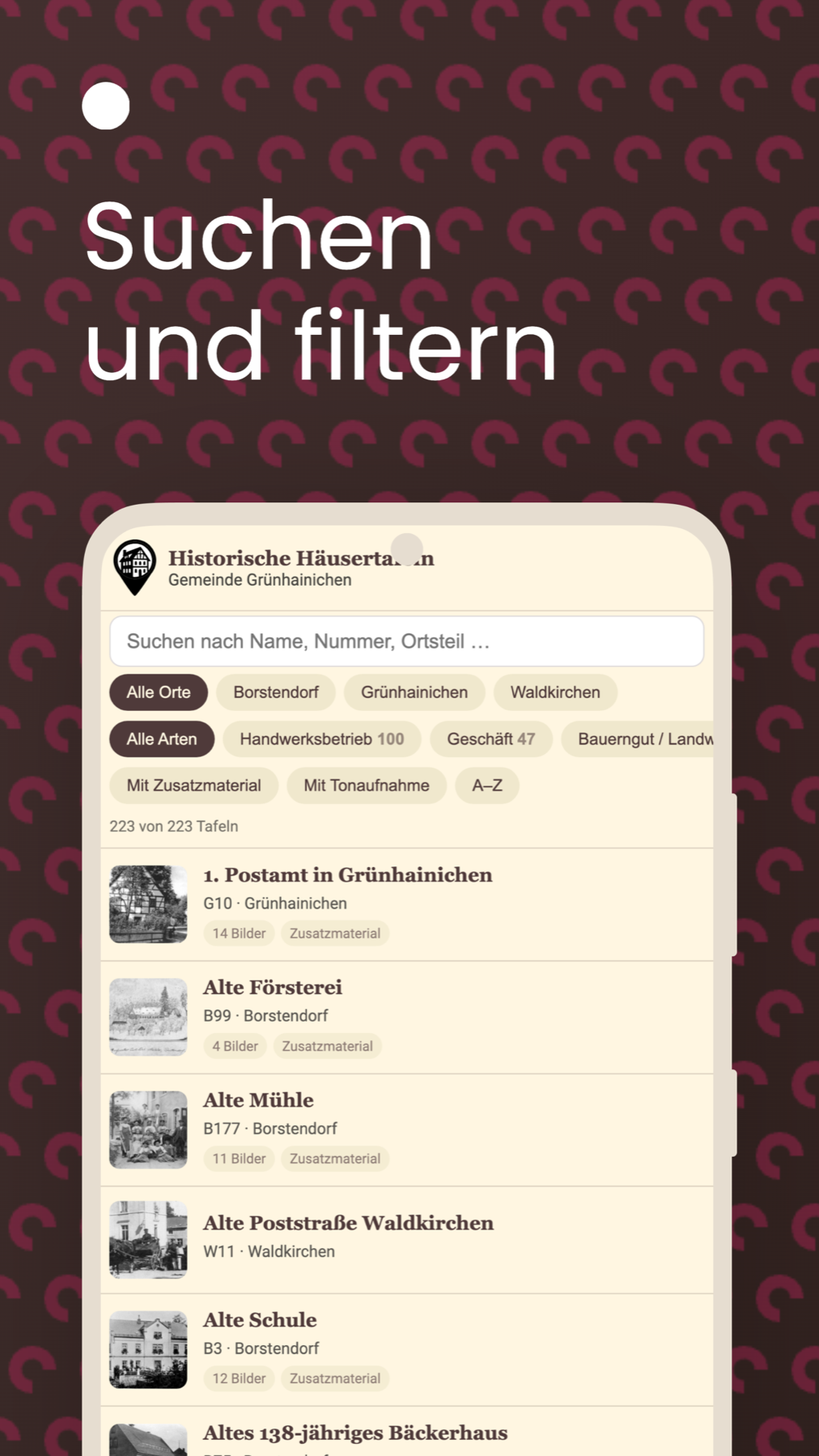 App Häusertafeln: Suche und Filter nach Ortsteil und Art