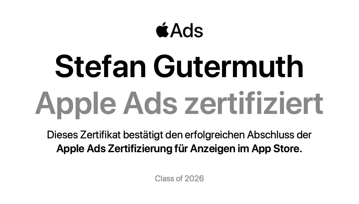 Zertifikat: Stefan Gutermuth, Apple Ads zertifiziert, Class of 2026