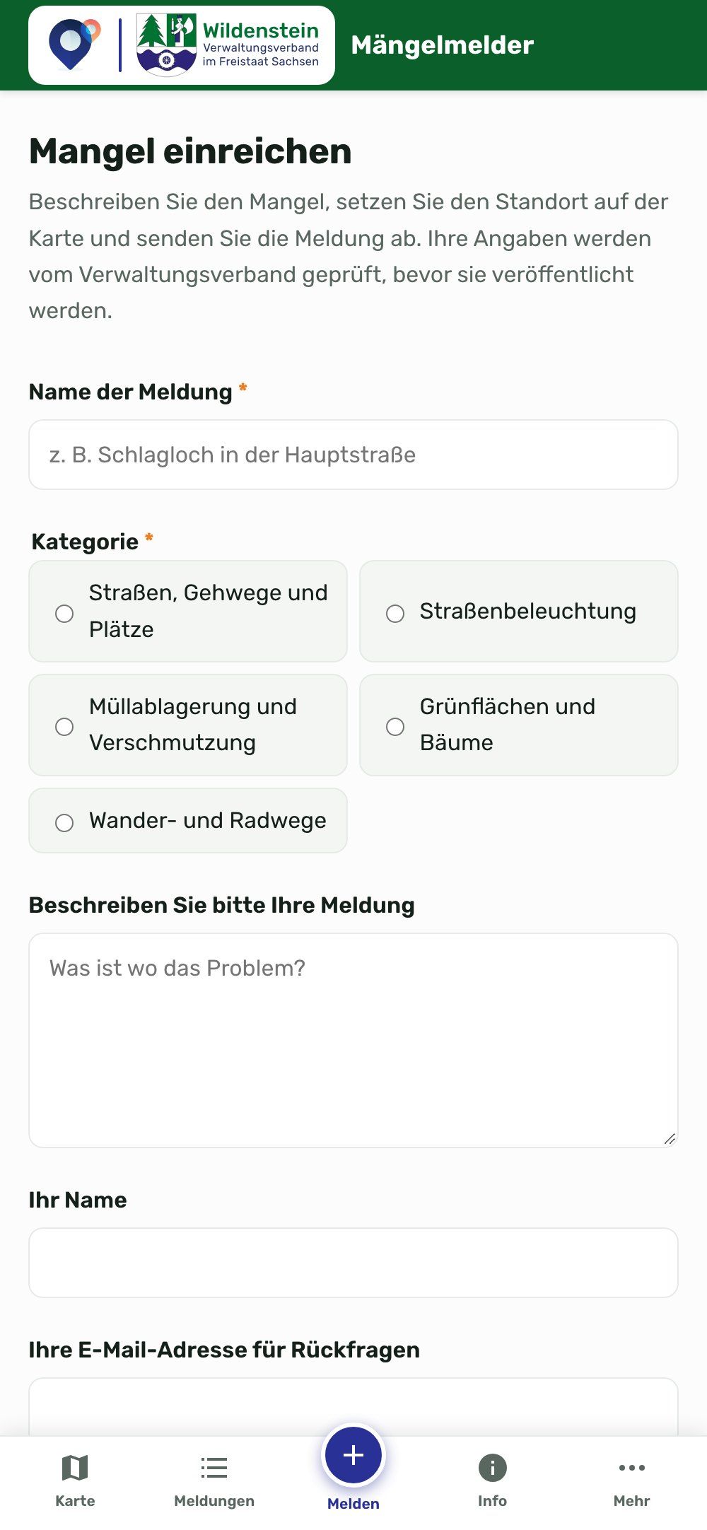 Mängelmelder auf dem Handy: Formular zum Einreichen
